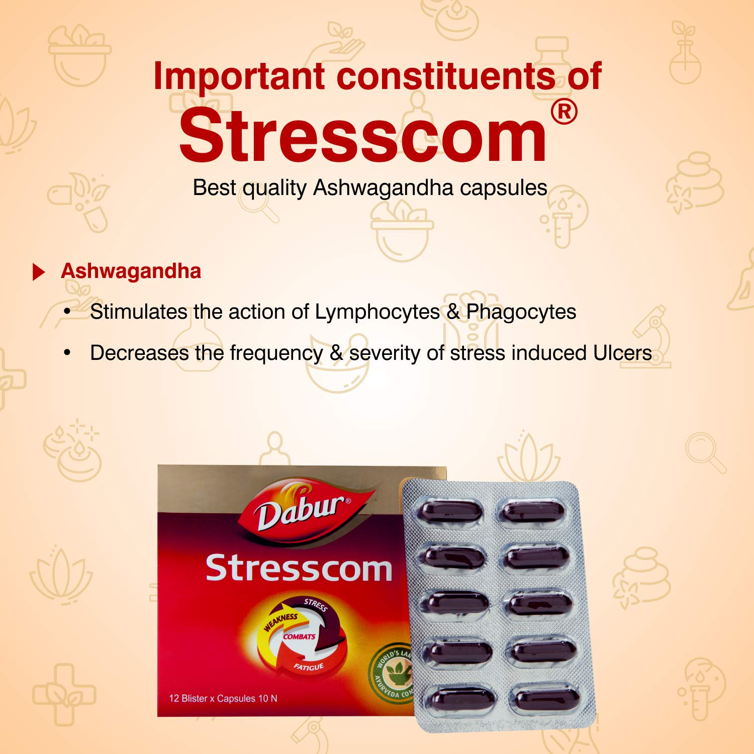 Dabur Dabur Stresscom Ashwagandha - 120 капсул (10 капсул х 12 полосок) Стресс и сон - Изображение 4