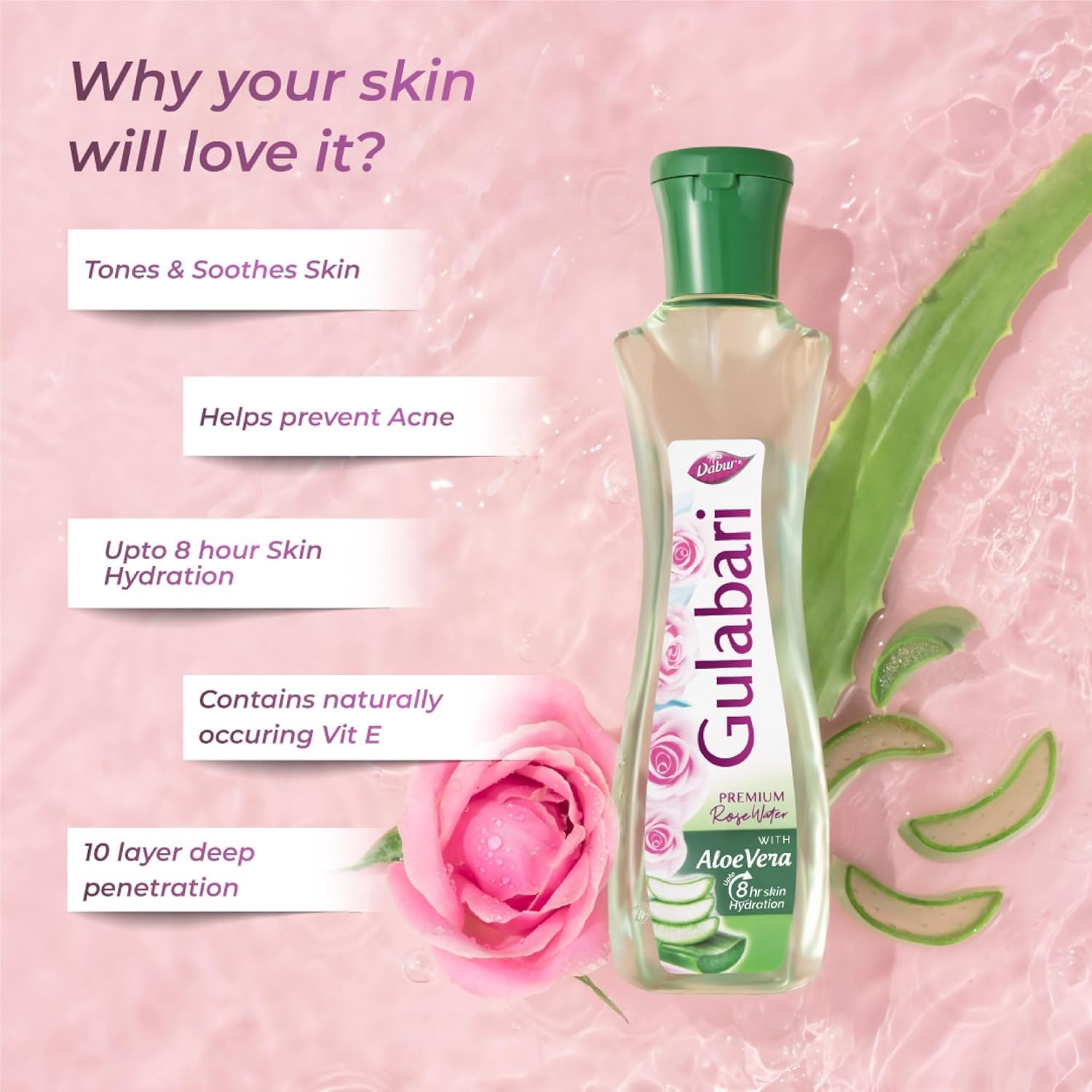 Dabur Dabur Gulabari, премиальная розовая вода с алоэ вера — 400 мл Очищающие средства и средства для умывания лица - Изображение 3